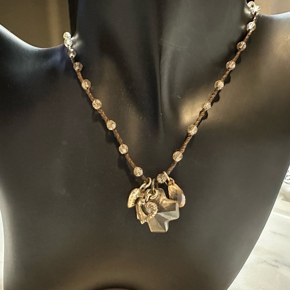Brighton Karma Hearts Cross and Crystal Charms on Braided Cord Necklace